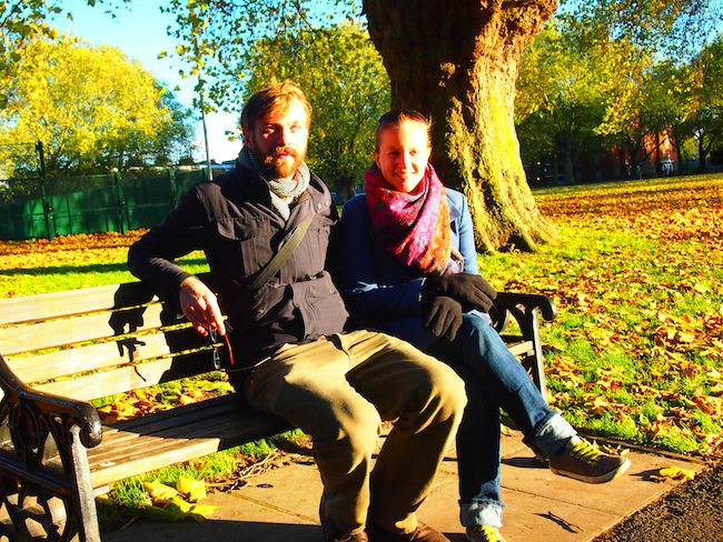 Elena with former couchsurfer Nick Hunt in Hackney Park, East London