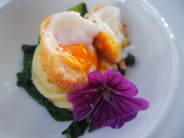 How about this fried free-range egg, served on a truffle soufflé and patchouli vegetables?
