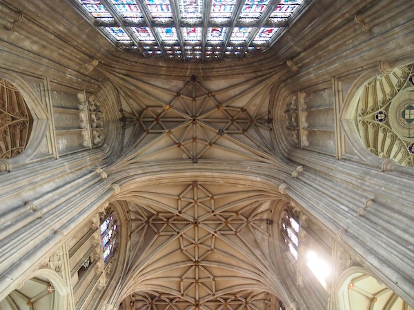 Looking up at the fascinating roof inside the cathedral.