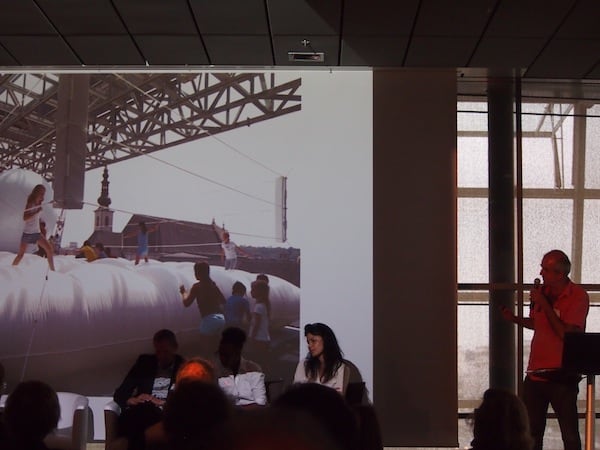Martin Sturm, Director of the "OK" Offenes Kulturhaus in Linz, shows an example of a visitor co-creation culture space.