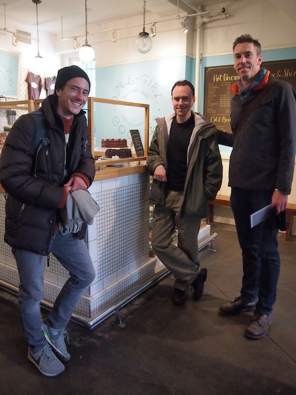 Thank you for such a pleasant visit: From left to right, Joe & Alex, of Urban Oyster Tours, together with David Crofton, business partner and husband to Dawn Casale, of “One Girl Cookies”!