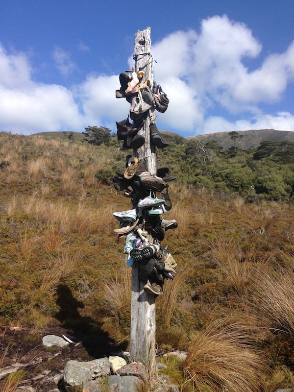 Or watching the Kiwis having fun, tying used boots to a pole by the track. Almost tempted to tie mine up there, too!