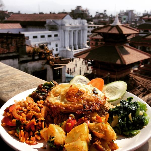 ... followed by later lunch discoveries, such as this "Newari" mixed lunch plate including "chiura" (beaten rice), spicy veggies & pickles as well as mutton & potatoes. Delicious !!!