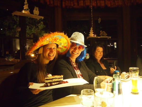 Love meeting my new friends, too: Fellow travel writer Adeline from France and I are getting ready for the carnival days ahead, enjoying our first piece of typical "Schwarzwälder Kirschtorte"!