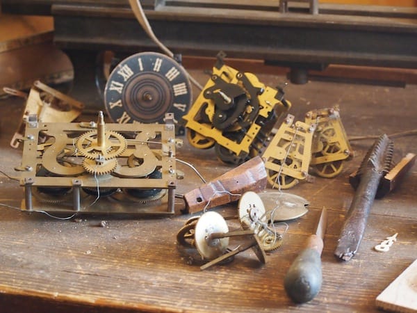 Here are some of those original cuckoo clock workings still to be found on an old bench inside the farm ...