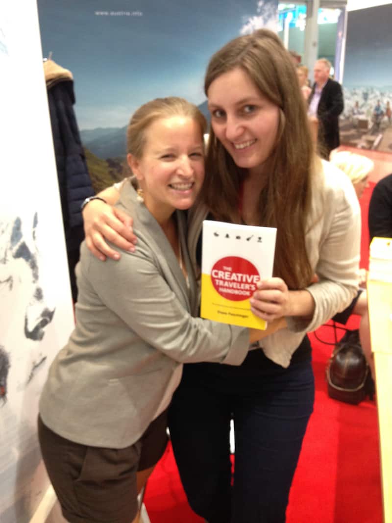 Lovely Nienke and a hug over presenting her with "The Creative Traveler's Handbook" at last year's World Travel Market in London during the official book launch event.