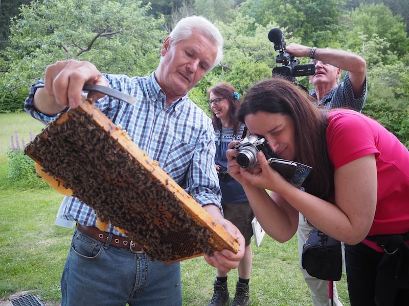 Maria's Mann Michael dagegen präsentiert uns in aller Frische noch rasch seine "Bienen vor dem Schlafengehen" und beruhigt diese vor dem Entnehmen aus dem Stock mit etwas Marihuana (!) ...