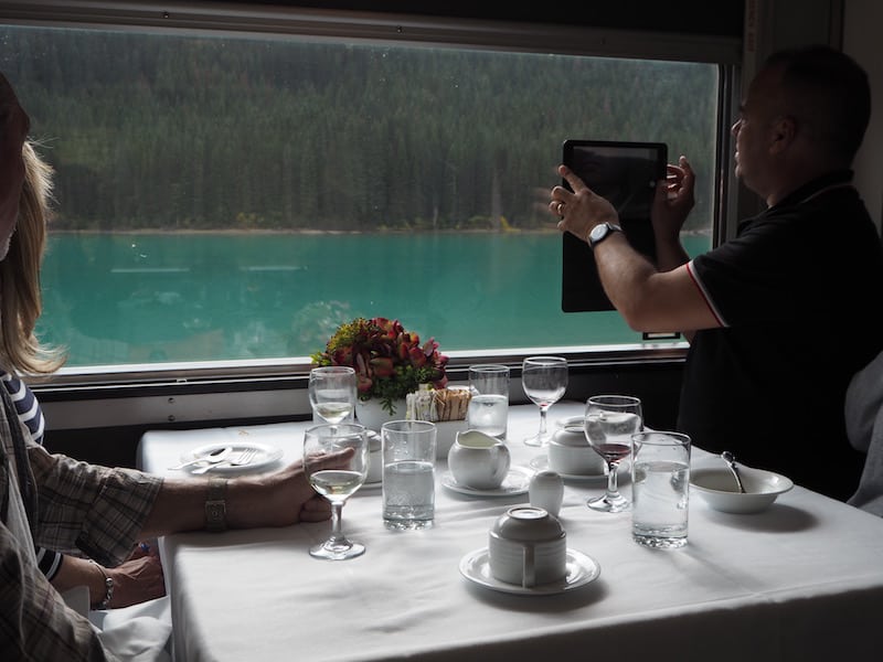 ... in total style and amazement, passing by turquoise mountain lakes during breakfast in the panorama food car of the train through the Rocky Mountains.
