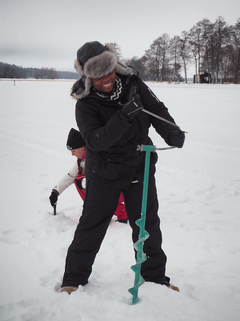 Of course, there's "work" here, too: Learning how to drill holes into a frozen lake for fishing ...