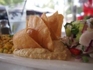 By now, and after listening to many of Faruk's interesting stories, I have been getting quite hungry. Local Peruvian-inspired ceviche served with hummus and corn chips ...