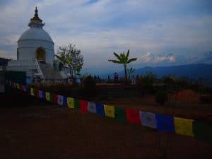 And #OnlyInNepal: View of the Himalayas with a banana tree in the front and a mighty Buddha statue next to it.!