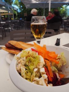 "Vora l'Estany" in Banyoles : It's actually a restaurant, but this time, I just came here for these lovely tapas - a simple salad and a home-made sausage hot dog with a beer, which cost me no more than €8,- .. perfect and right by the lake, to come back to anytime !!
