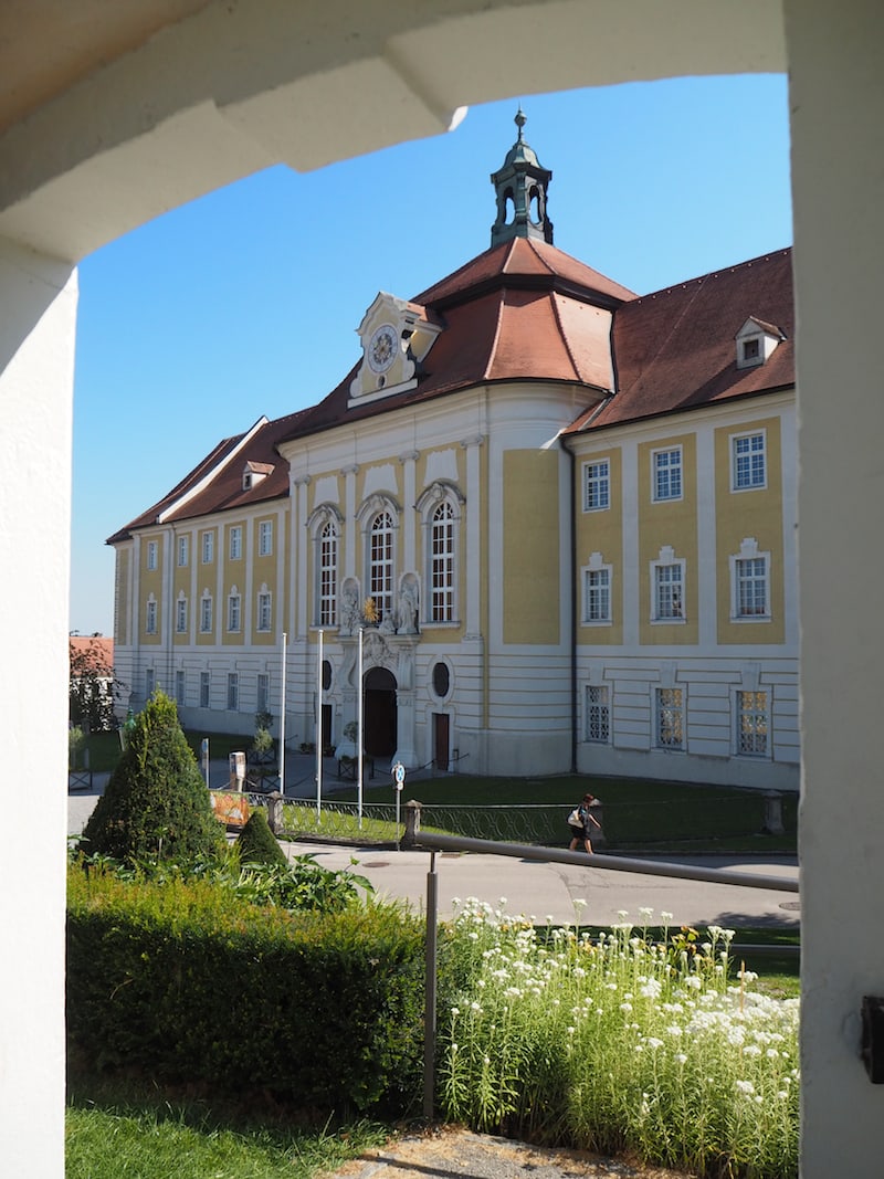 View of the entrance area at Seitenstetten Abbey from the nearby courtyard garden of the abbey.