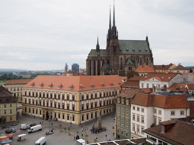... From the tower of the Old Town Hall you have a truly fantastic view over the Old Town of Brno, here for example with a view of the nearby Cathedral of Saint Peter and Paul.
