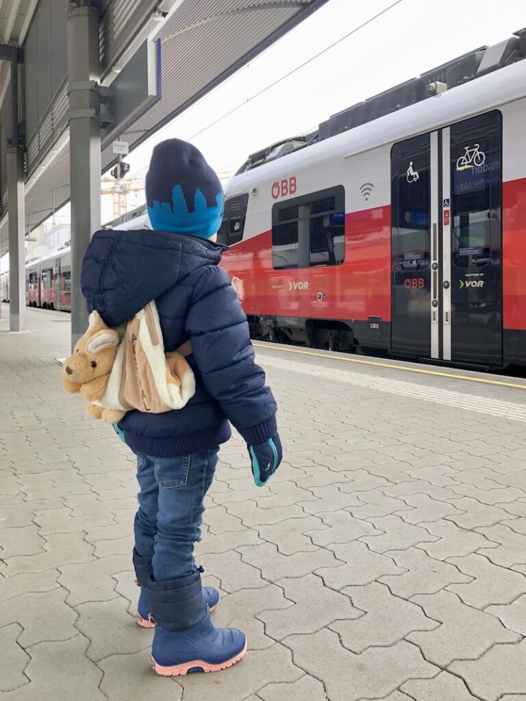 Liam ist aufgeregt: Wir entscheiden uns - auch ihm und seiner Lieben zum Zugreisen willen - mit der Schnellbahn von Wien bis Laa an der Thaya zu fahren.