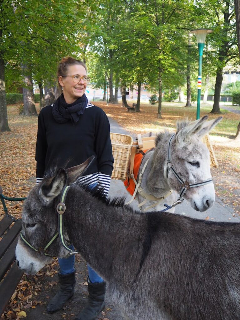 Unterwegs in Pöllau: Carmen mit ihren beiden Eseln Kokos und Faxe.