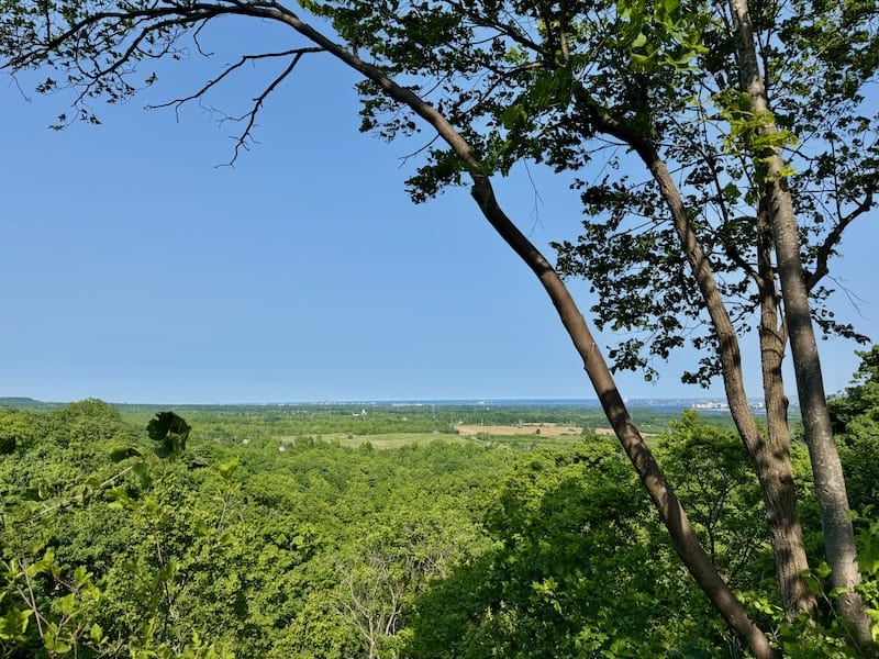 Weit ausladender Blick über den Lake Ontario vom örtlichen Escarpment Trail nahe Hamilton. Flach erscheint uns der Horizont nach den vorangegangenen Wochen in den Rocky Mountains!