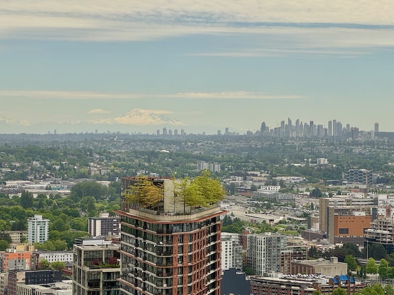 From the Vancouver Lookout, the view stretches all the way to the United States and Mount Rainier, an active volcano on the horizon.